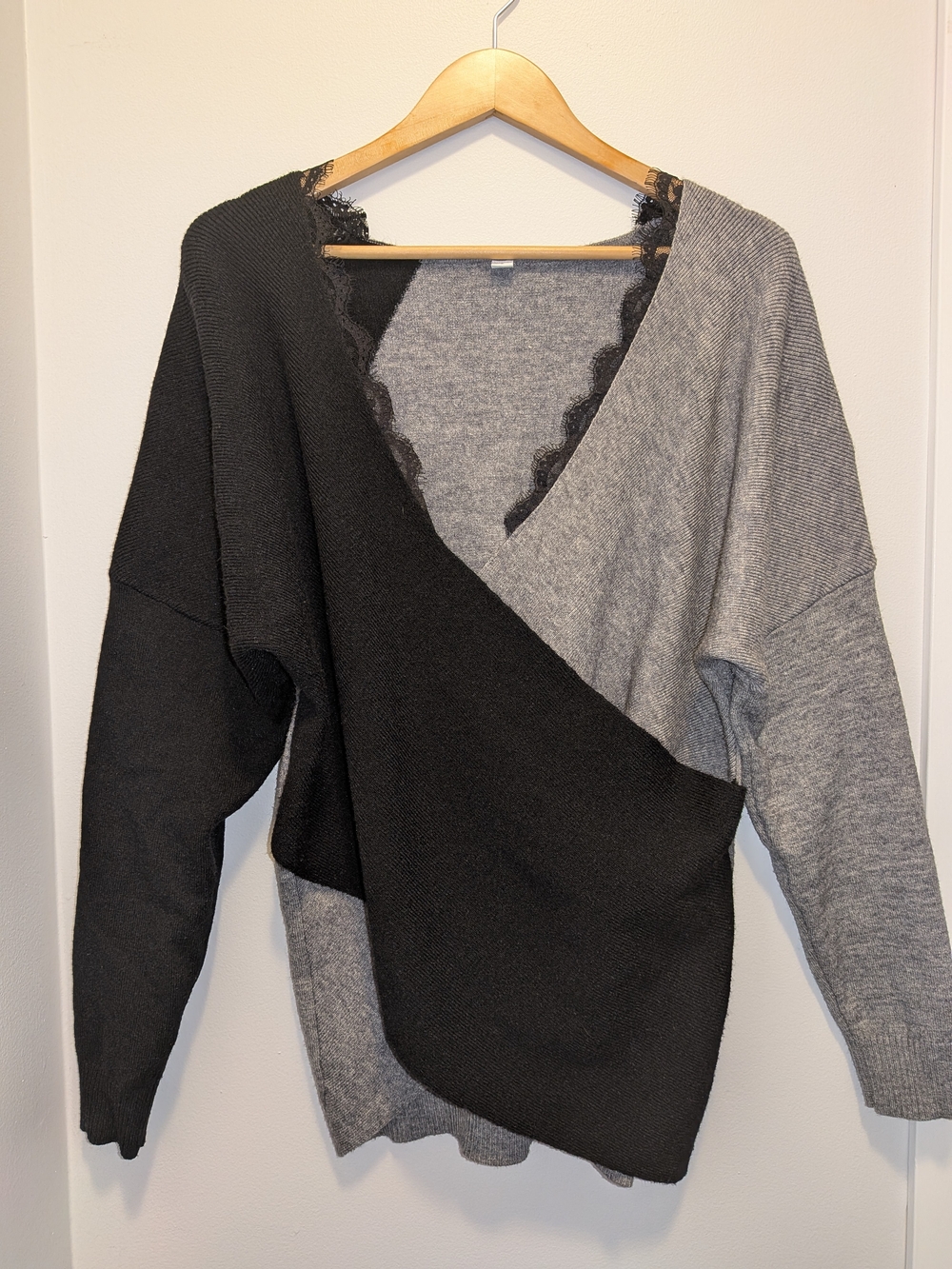 Black & Gray Wrap-Front V-Neck Sweater